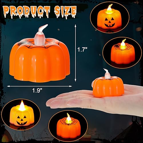 Miniatura 2 de VIHOSE 12 velas de calabaza de Halloween, decoración sin llama, parpadeantes, de calabaza, luces de té de calabaza Jack O Lantern, funciona con