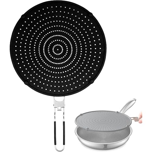 Splatter Screen Compatible with Hexclad,Heat Resistant Silicone with Folding Handle,Grease-Free Cooking,Dishwasher Safe,12.5 Inches,Black