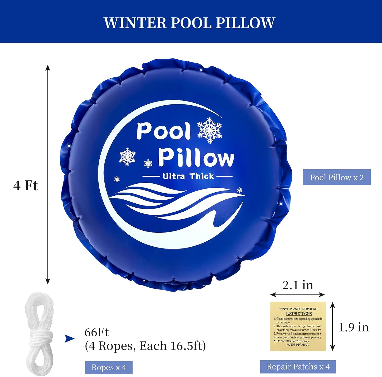 4ft X 4ft Pool Pillow for Above Ground Pools, 0.4mm Extra Thick Pool Pillow for Closing Winter, Cold Resistant PVC Material, Winterizing Pool Cover Pillow Include Rope (33ft), Round (2 Pack)