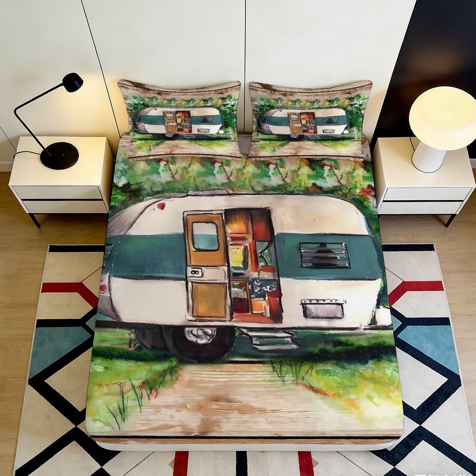 3D Printed Camper Van Fitted Sheet Microfiber Soft Scenic Forest Bed Cover for Bedroom Dorm Rental Decoration 90x200x25cm