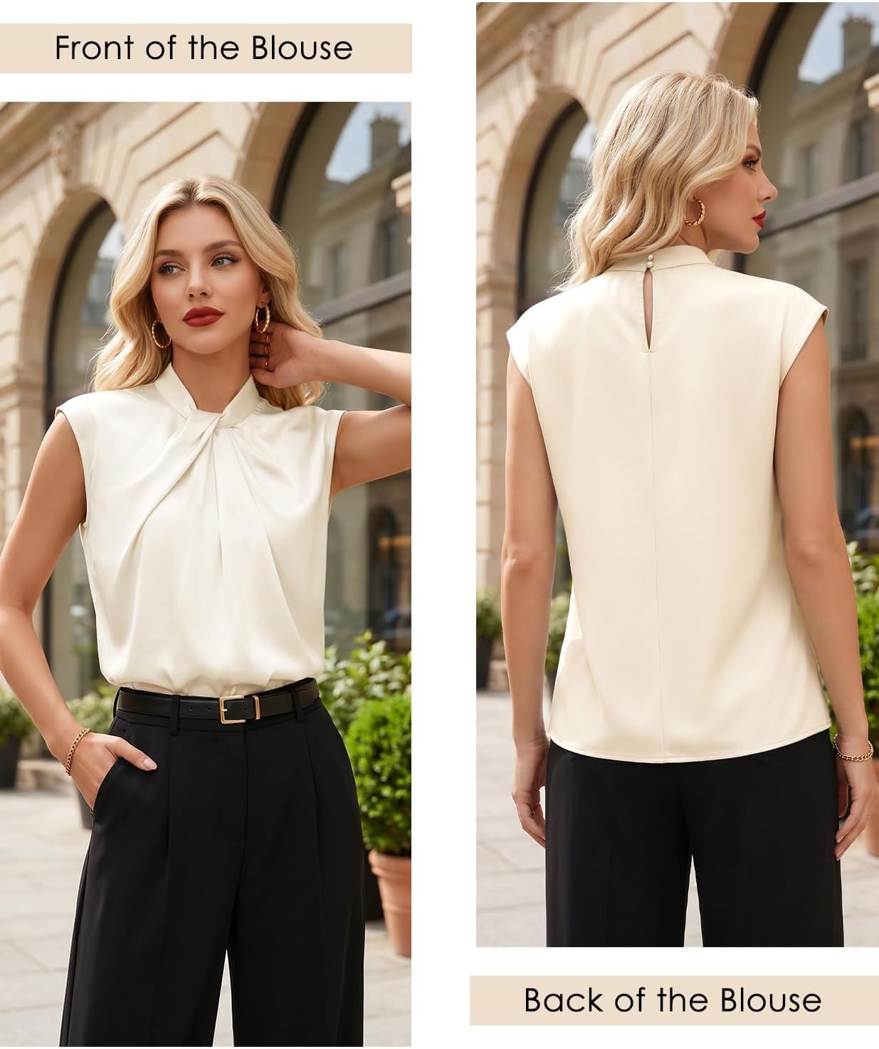 Bbonlinedress Women Casual Cap Sleeve Blouse Mock Neck Work Office Business Silk Shirts Dressy Tops