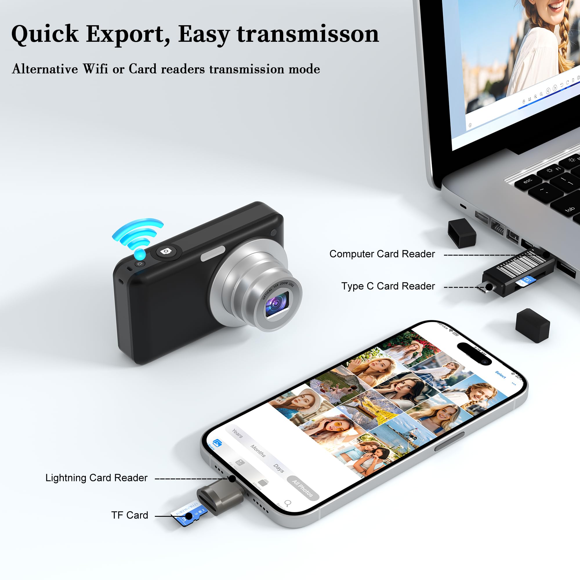 Fotocamera digitale 4K 64MP: zoom ottico 12X fotocamera digitale compatta portatile con autofocus, anti-shake e scheda tascabile da 64 GB per vlogging viaggi per adulti adolescenti studenti