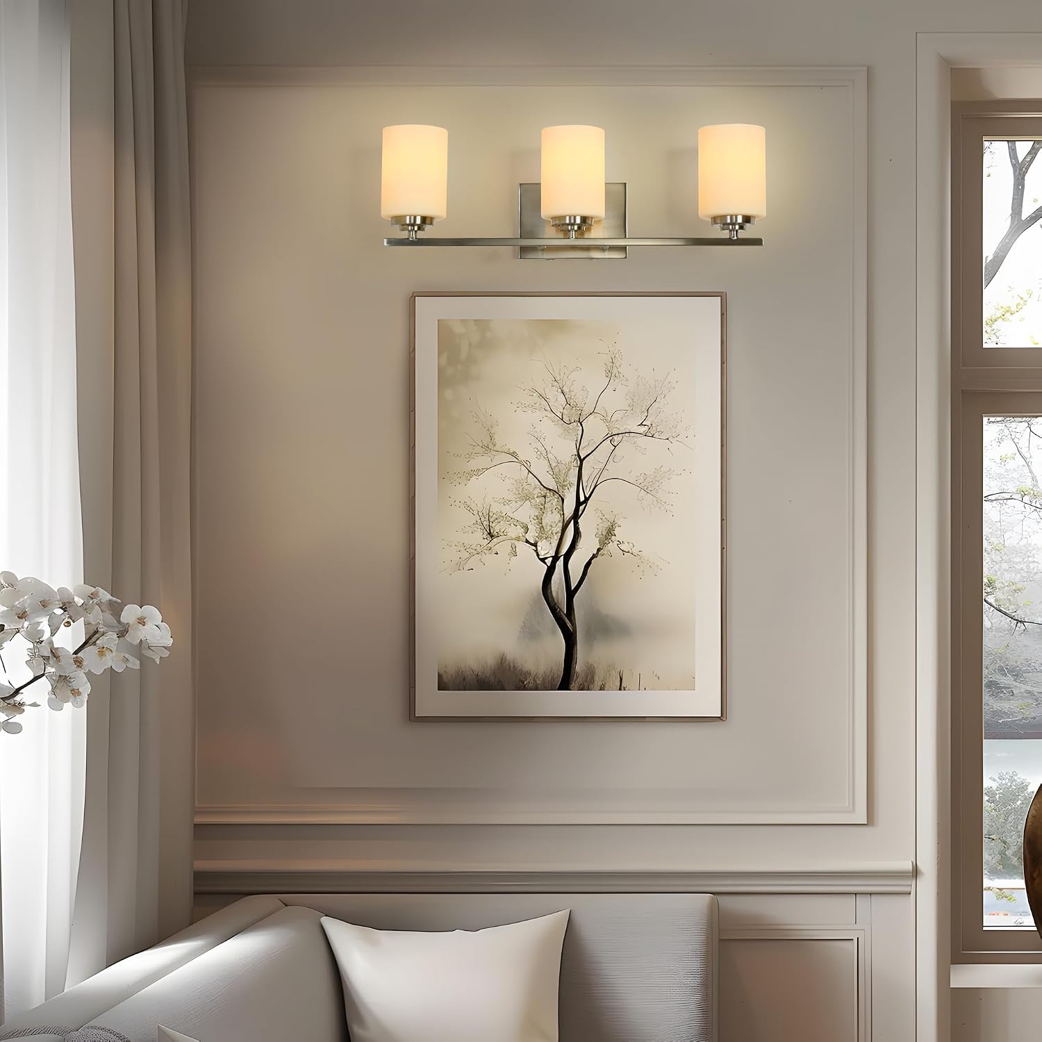 Bathroom Vanity Light Fixtures, 3-Light Electroplated Nickel Wall Light with Frosted Glass, Modern Wall Lamp Over Mirror, Picture & Gallery Lighting, Up/Down Mount