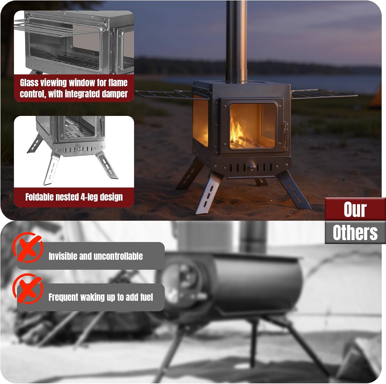 Generic Wood Burning Stove with Chimney Pipe Hot Tent Stove for Camping Ice Fishing Large Stainless Steel Firebox Backyard Patio Heater