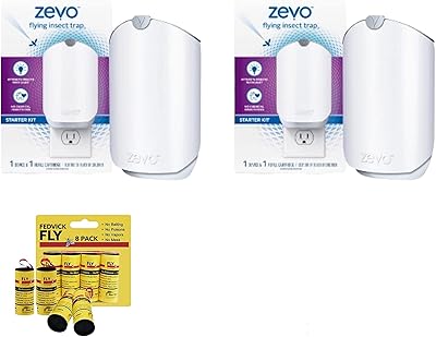 Zevo Flying Insect Trap Starter Kit 2 Pack + Fedvick Fly Ribbons 8 pcs .(2 Plug-in Base + 2 Refill Cartridge)
