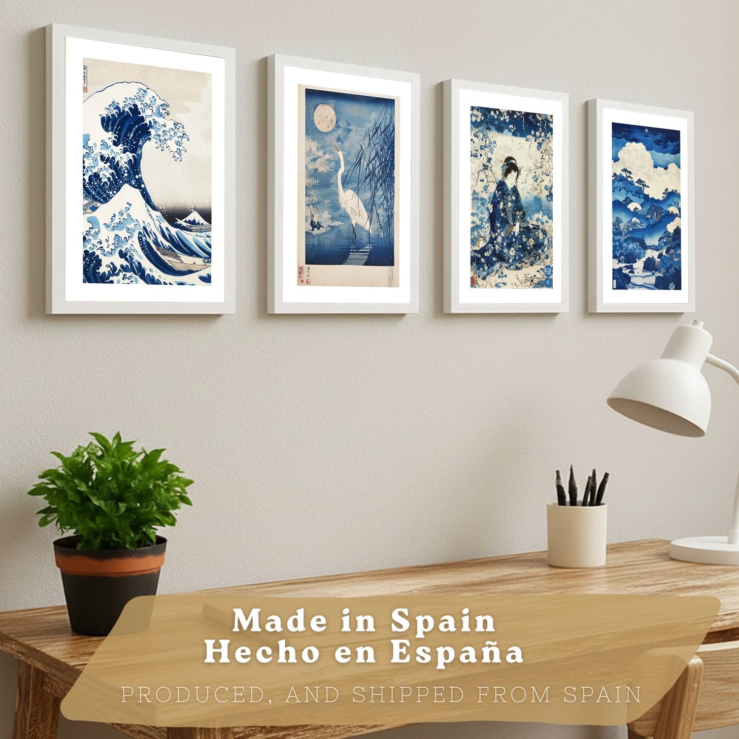 Nacnic Juego De 4 Laminas Decorativas Pared Estilo Japon. Cuadros Salon Modernos - Posters Decorativos Azules Orientales. Arte Japones. Decoración Dormitorios. A4 Marco Blanco