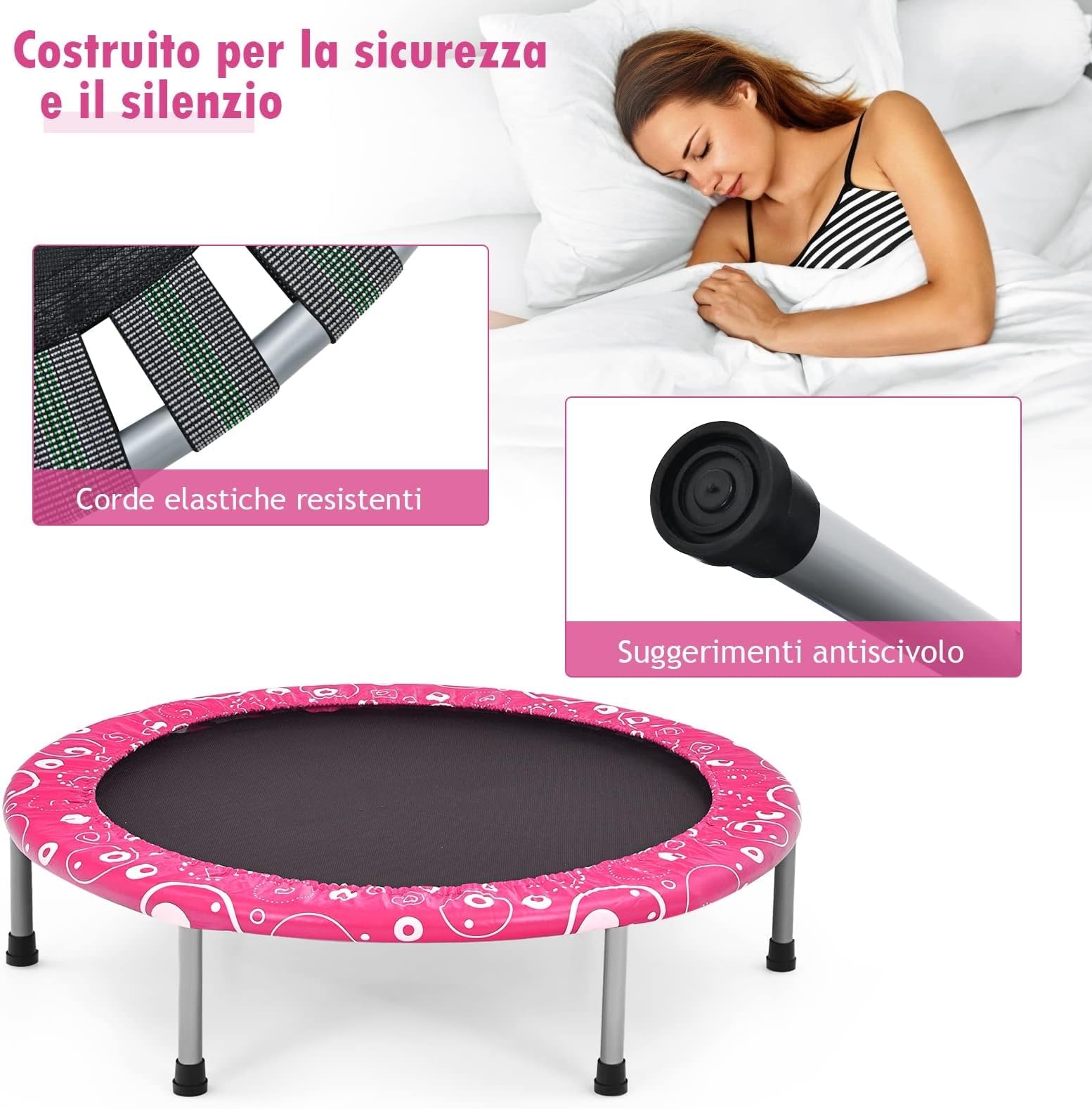 GYMAX Trampolino Pieghevole per Bambini, Trampolino Elastico con Maniglia Staccabile, con Struttura in Ferro, Portata 150 kg, Ideale per Interno ed Esterno, 92x92x80 cm (Rosa)