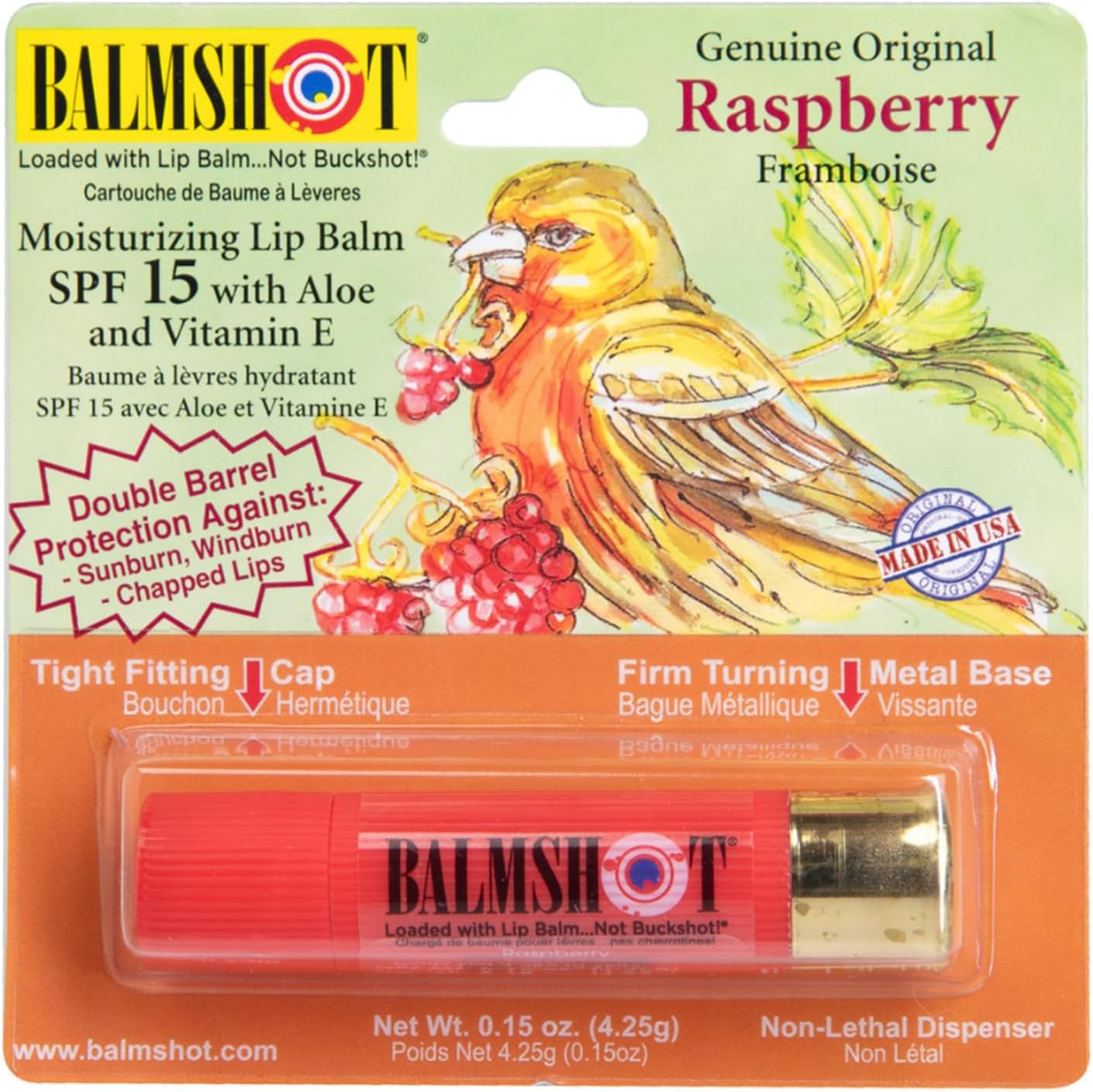 BALMSHOT Raspberry Lip Balm SPF 15 – Beeswax Chapstick for Dry Chapped Lips, 20-Gauge Brass Shotgun Shell Tube, Heat Resistant, Long Lasting Lip Moisturizer for Men & Women, Made in USA