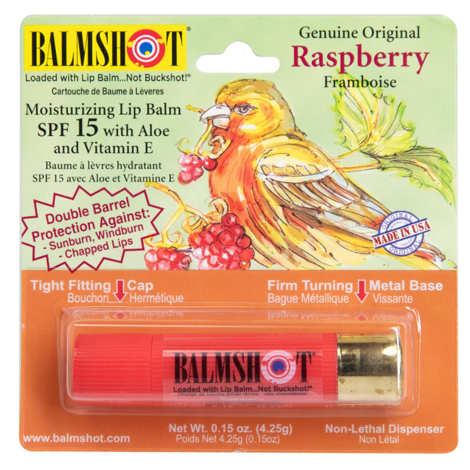 BALMSHOT Raspberry Lip Balm SPF 15 Beeswax Chapstick for Dry Chapped Lips 20-Gauge Brass Shotgun Shell Tube Heat