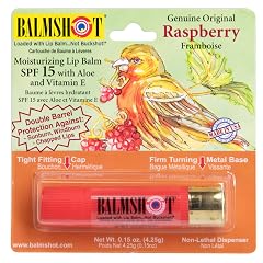 BALMSHOT Raspberry Lip Balm SPF 15 Beeswax Chapstick for Dry Chapped Lips 20-Gauge Brass Shotgun Shell Tube Heat