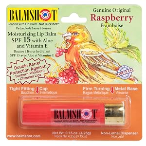 BALMSHOT Raspberry Lip Balm SPF 15 Beeswax Chapstick for Dry Chapped Lips 20-Gauge Brass Shotgun Shell Tube Heat