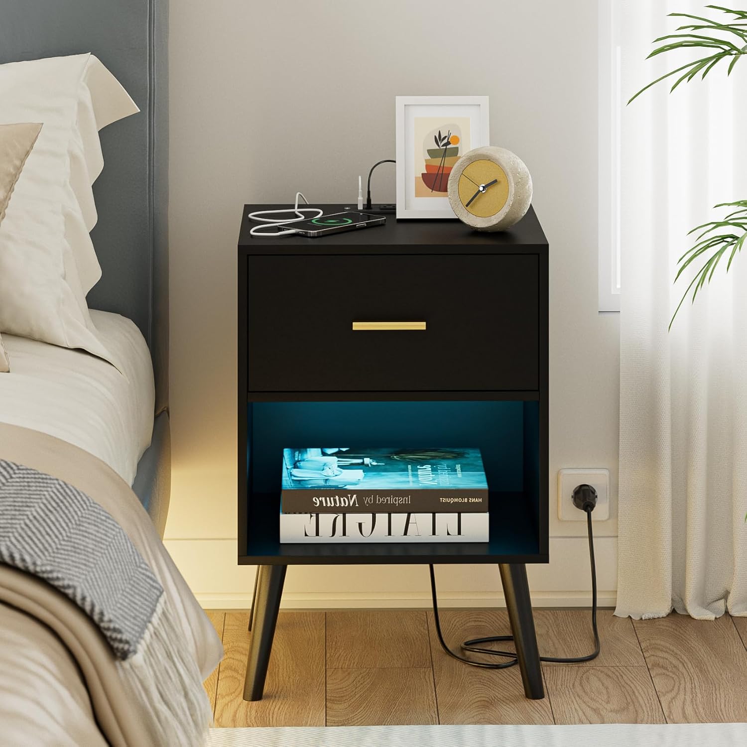 Amazon.com: Aobafuir Nightstand with Charging Station and LED Lights ...