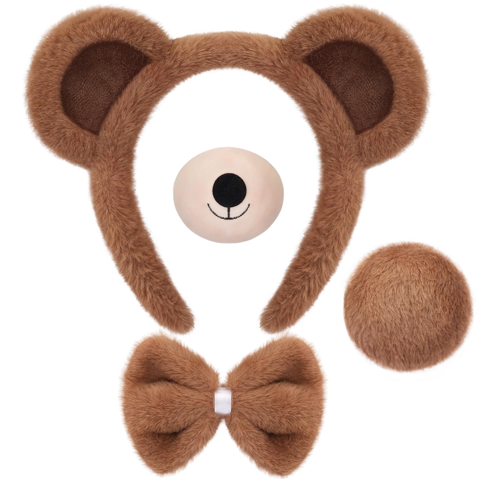 4 PCS Bear Costume Accessories Set Bear Ears Headband And Tail Bear Nose Bowtie Boys Girls Hairband Hair Accessories for 101 Day Christmas Halloween