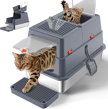 Stainless Steel Litter Box with Lid, Front Entry Top Exit Enclosed Metal Litter Box, Extra Large Flip-Top Kitty Litter Pan with Scoop & Pedal, Odor Control, Odor Free, Grey