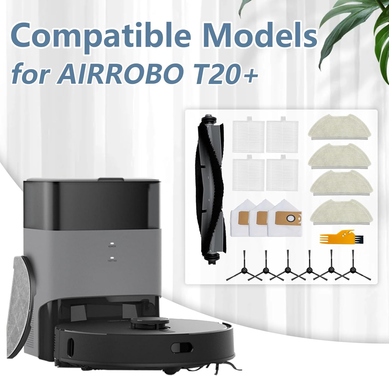 19 Pcs Accessories for AIRROBO T20+ Robot Vacuum Cleaner, 1 Main Brush, 3 Dust Bags, 4 HEPA Filters, 4 Mop Pads, 6 Side Brushes, T20+ Replacement Kit
