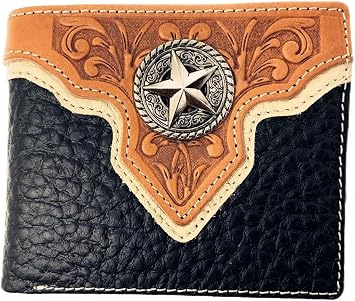Texas West Premium Genuine Leather Tooled Mens Short Bifold Wallet, premium cowboy wallets Chrome Star Black