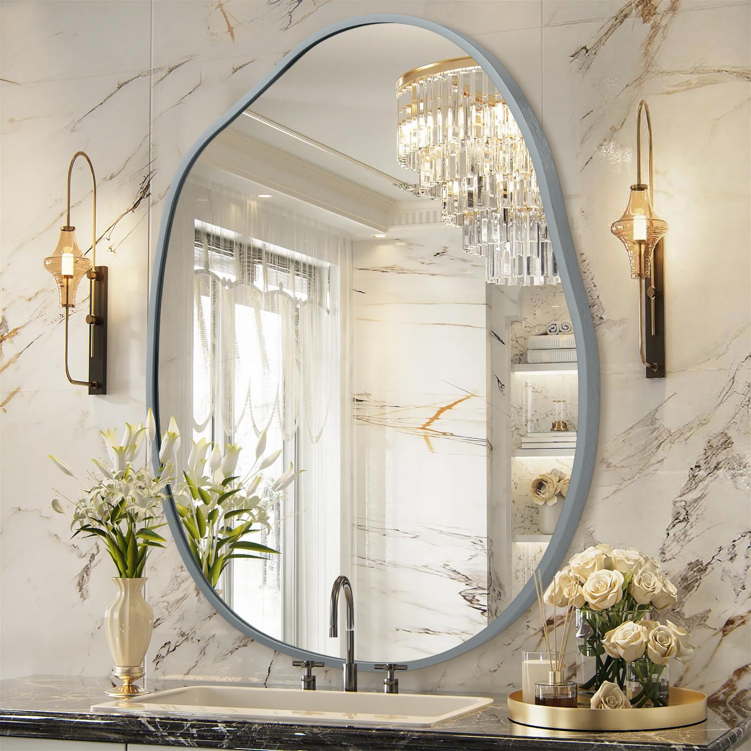 HLFMVWE Irregular Metal Framed Bathroom Mirror for Wall, 45X65 CM Asymmetrical Mirrors, Aluminum Alloy Frame Wall Decor for Bathroom, Bedroom, Living Room, Cloakroom, Entryway Gray
