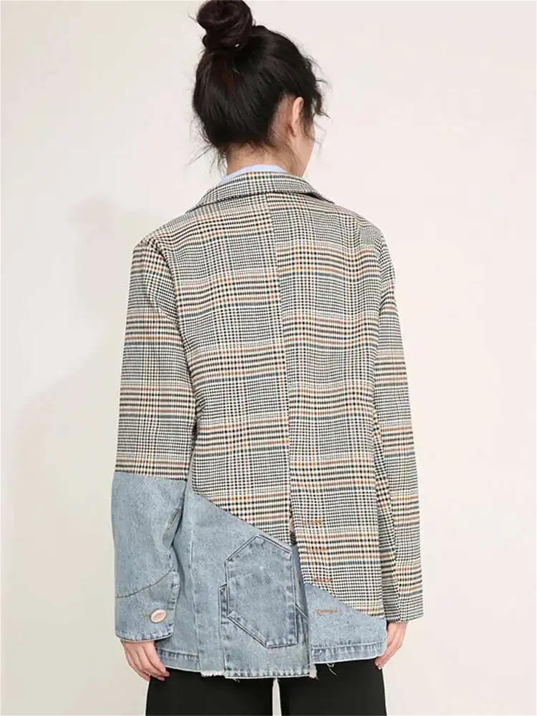 Women Plaid Denim Loose Fit Blazer Notched Neck Long Sleeve Pockets Formal Suit Coats