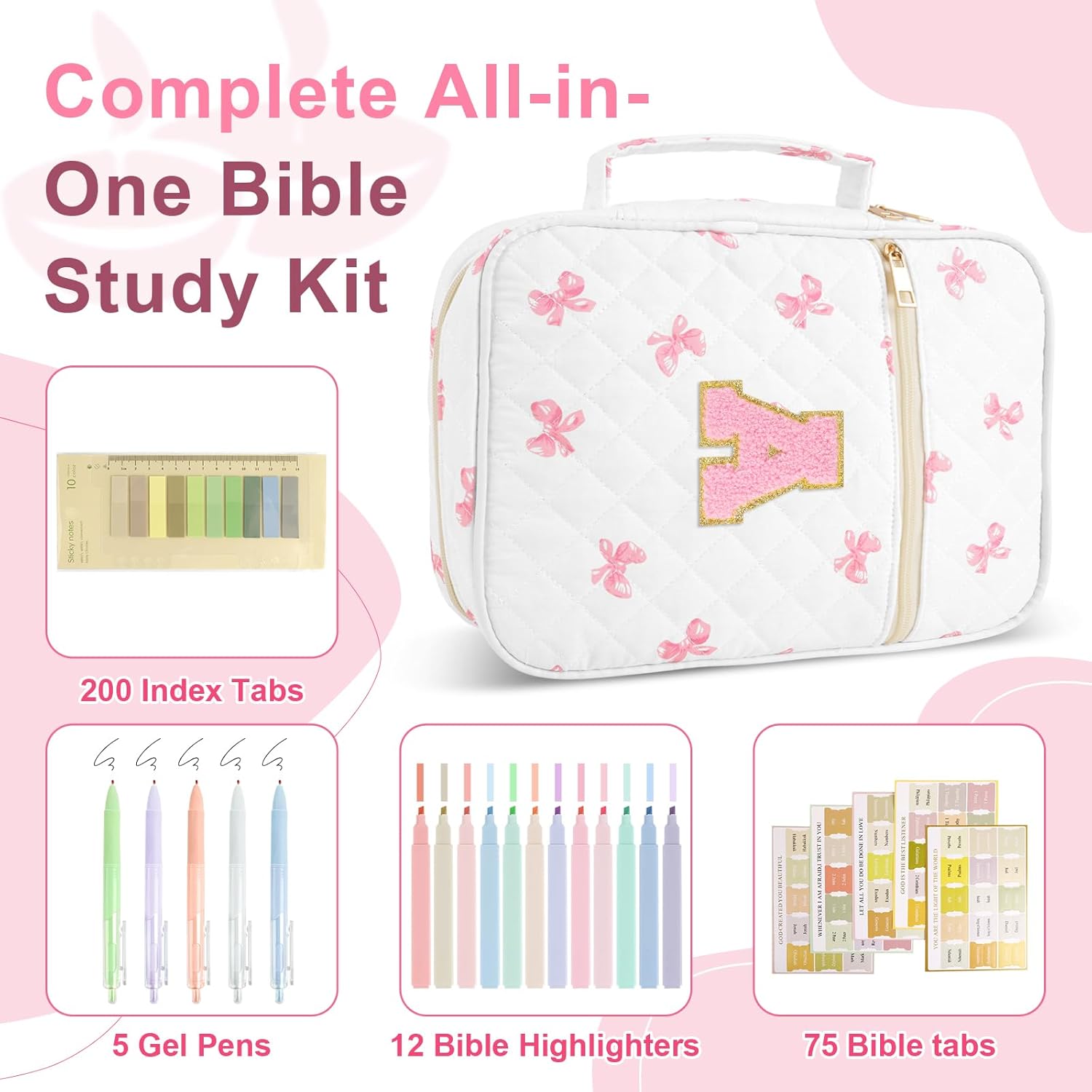 Iqimott Personalized Initial Bible Cover Case for Women - Large Quilted Bible Case with Handle, Stylish Chenille Letter, Pink