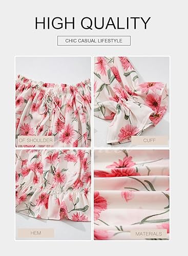 Miniatura 4 de BLENCOT Blusas de verano sexy con hombros descubiertos para mujer, mangas con volantes estilo bohemio, camisas de gasa floral