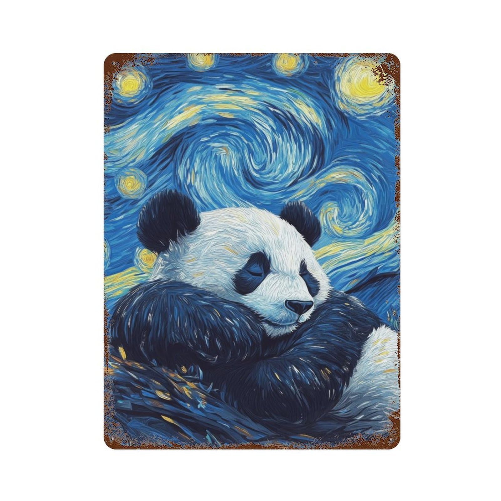 Panda Starry Night Vintage Wall Sign 15.7"x11.8", Rust Effect Metal Decor for Basement, Hobby Room And Garage Decor