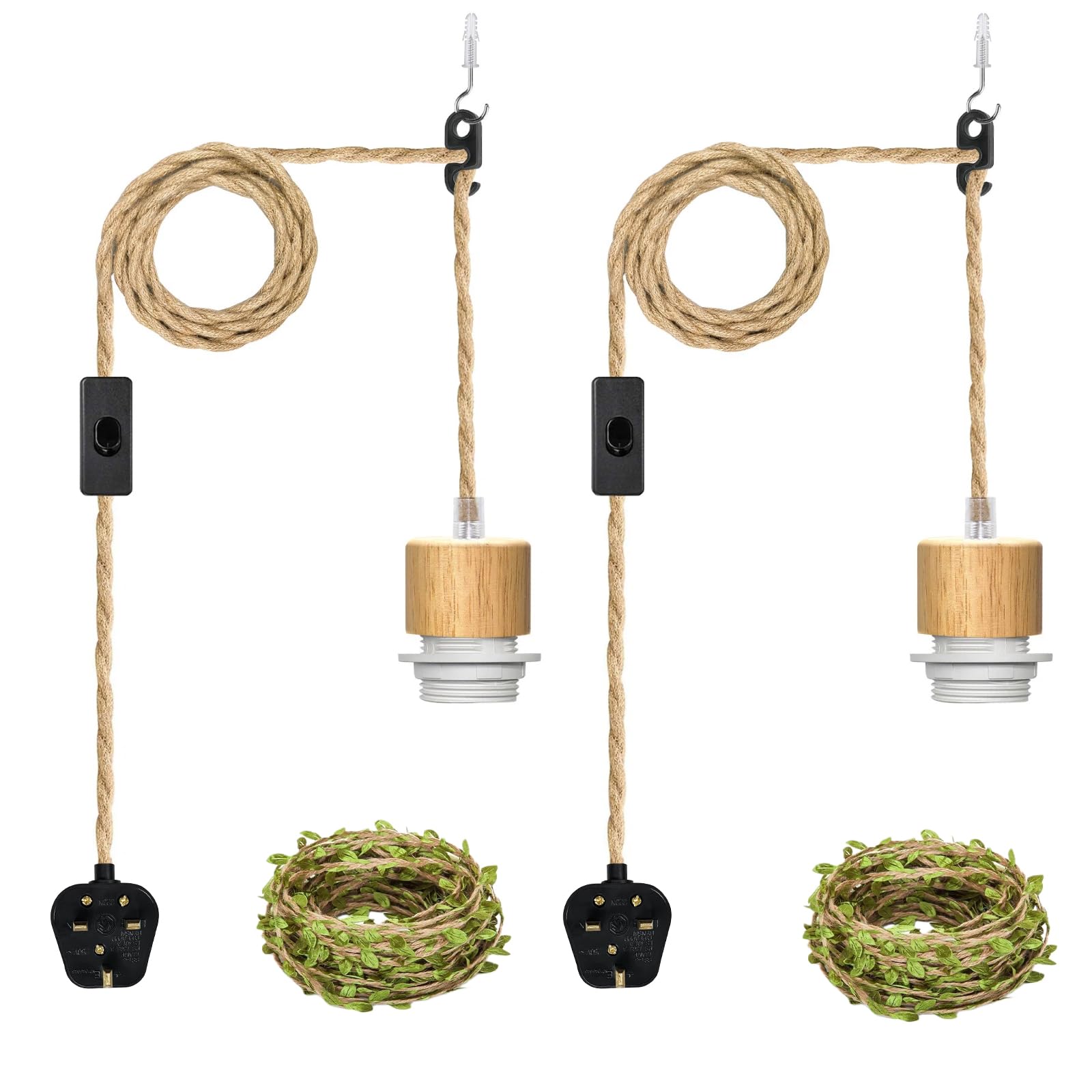 ZRLXFM 2PCS E27 Lamp Holders with Switch and Plug,5.1m Hemp Rope Plug in Pendant Light Fitting, DIY Retro Hanging Light Kit for Farmhouse Lighting Decor, with 5m Green Decorative Rope