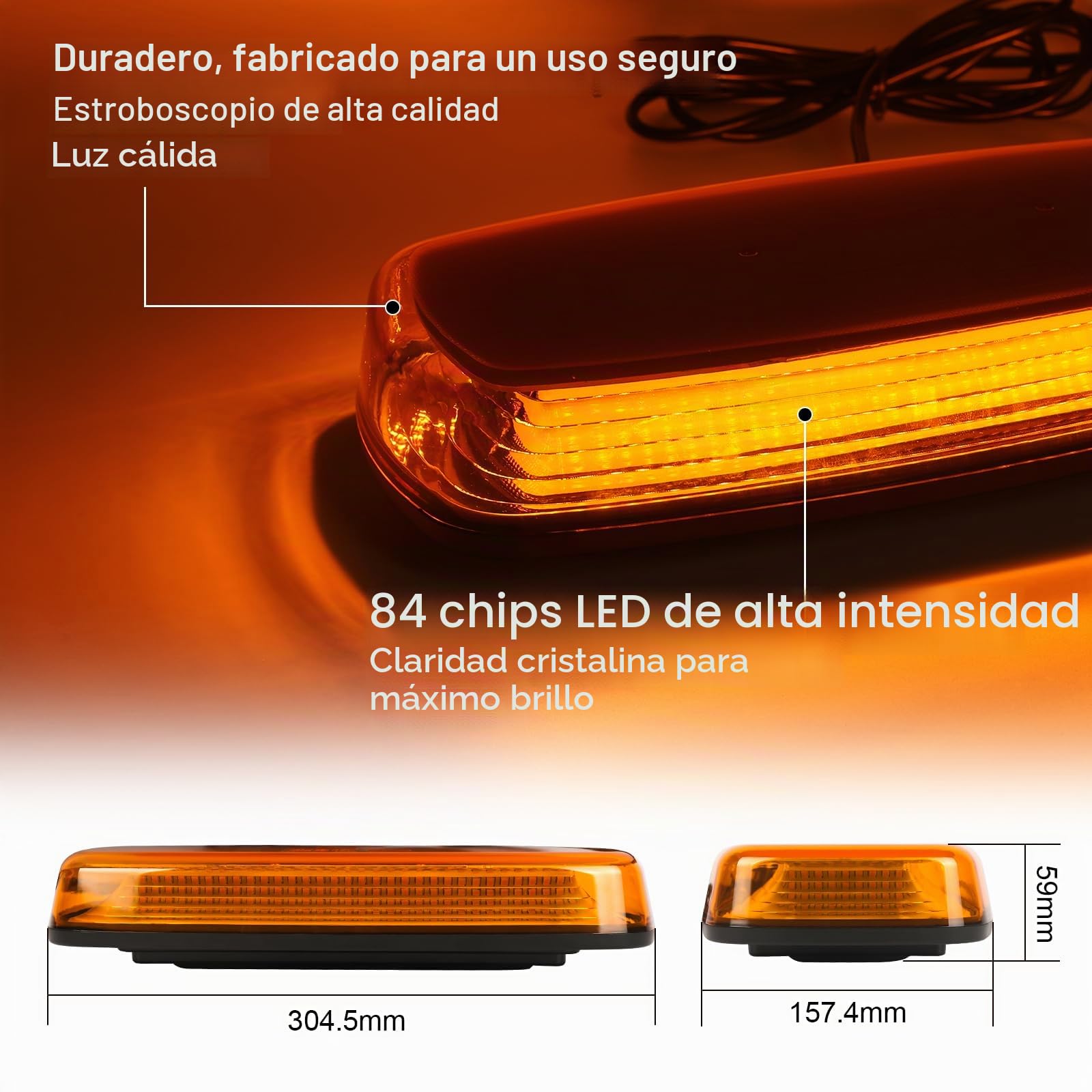 AOHEWEI Barra de Luces Estroboscópicas Ámbar LED, 84 LEDs 7 Modos de Destello Luz de Advertencia de Emergencia para Vehículos, IP67 con Base Magnética para 12V/24V Remolques Vehículos de Construcción