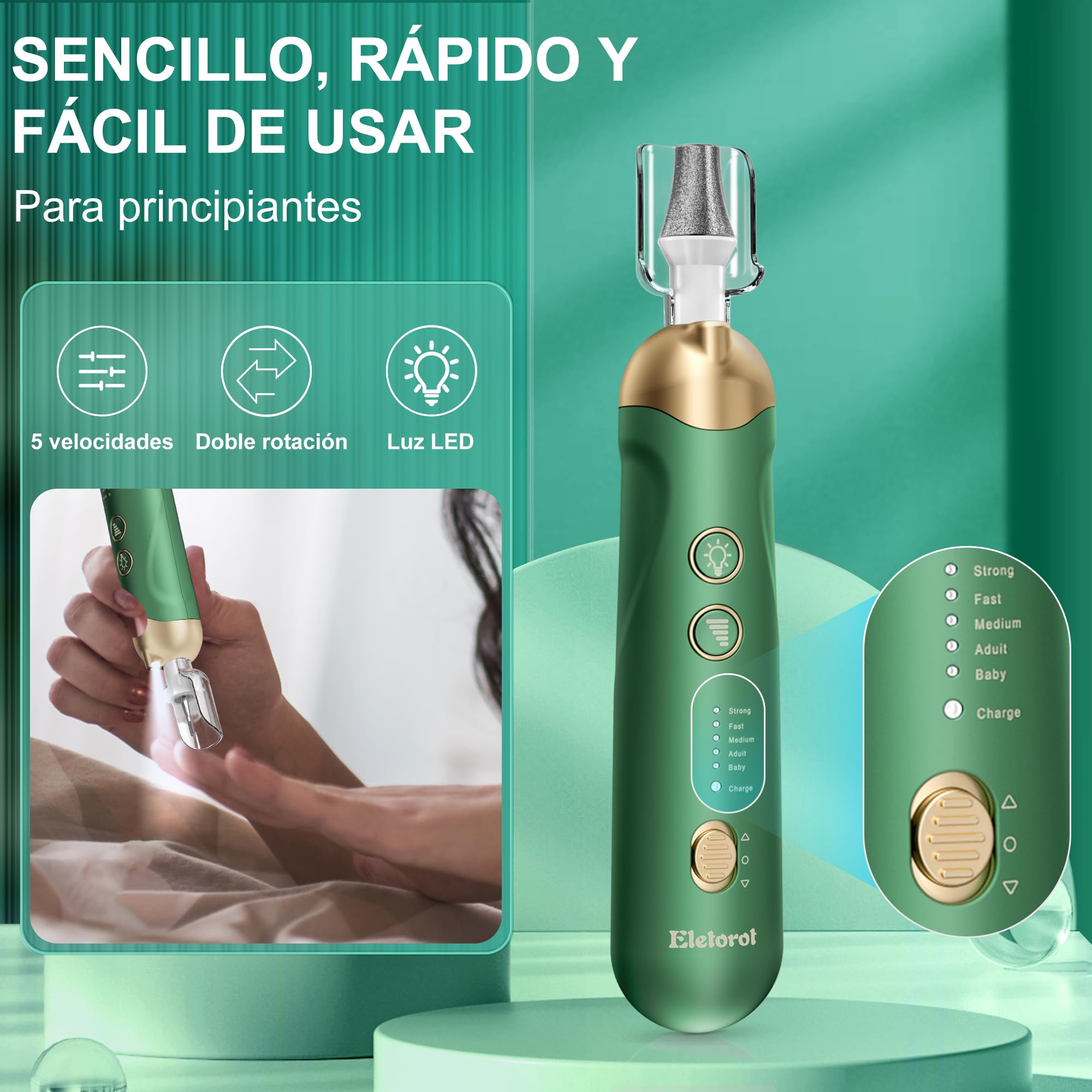 Limas de Uñas Profesionales: Eletorot Pedicura y Set Manicura con 8 Accesorios, Torno para Uñas Profesional con Luz LED, Kit Manicura para Corta Cuticulas y Eliminar de Callos