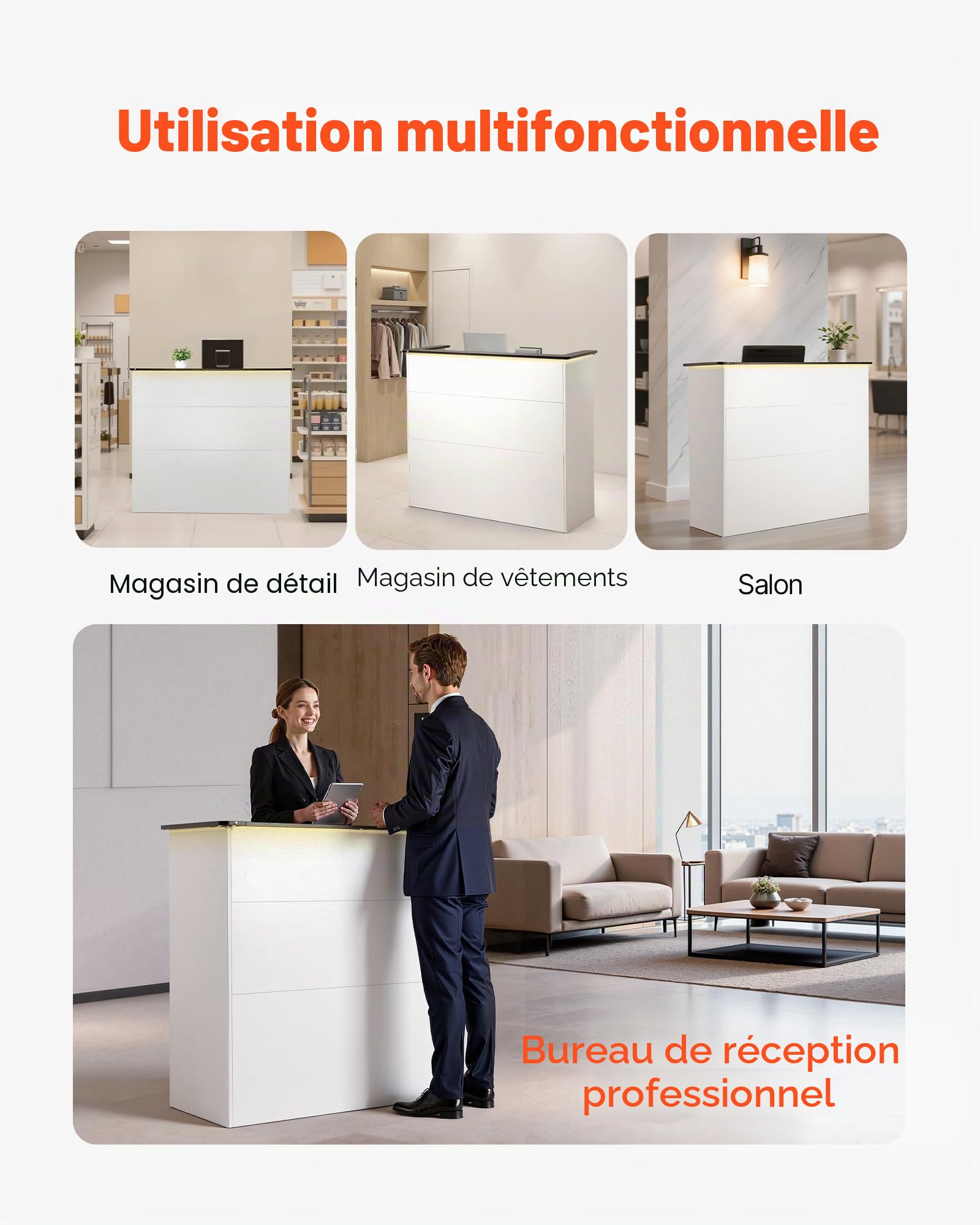 VEVOR Bureau de Réception Rectangulaire 127,5 cm, Comptoir d'accueil Moderne, pour Hall d'Entrée Salon de Coiffure Bureau Entreprise, Banque d’Accueil avec Bandeau Lumineux, 3 Tiroirs et Rangement