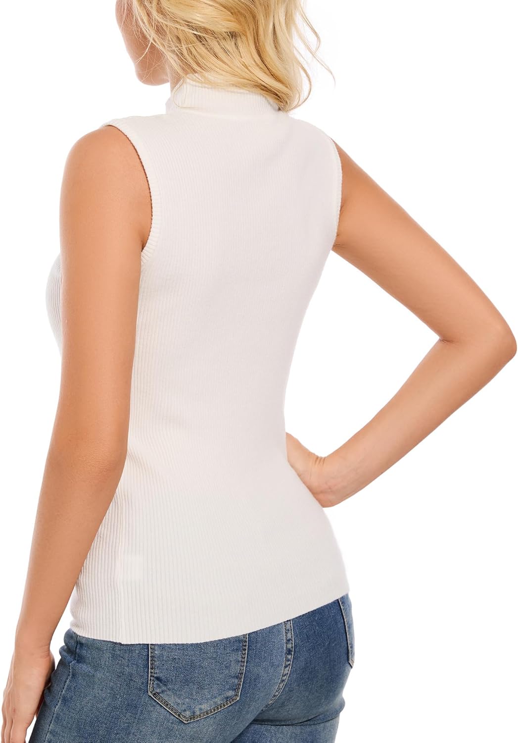Women's Sleeveless Mock Neck Turtleneck Sweater Tops Ribbed Knit Vest Trendy Casual Slim Fitted Tank Tops - Image 2