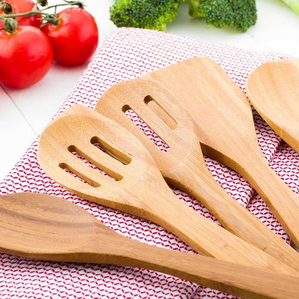 Restaurantware 12 Inch Bamboo Utensils For Cooking 1 Bamboo Utensil Set - Includes 5 Utensils No Stick Bamboo Wood Kitchen Utensils For Cooking Stirring Or Mixing