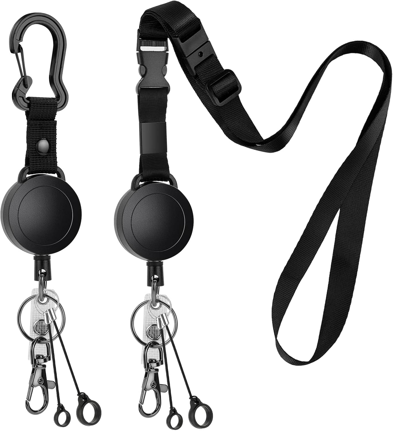 2 Pack Heavy Duty Retractable ID Badge Holder Key Reel with Adjustable Breakaway Lanyard, Carabiner, Key Ring, Pen Holders, Lobster Clip, ID Badge Strap and 32” Retractable Cord, Hold Up to 15 Keys