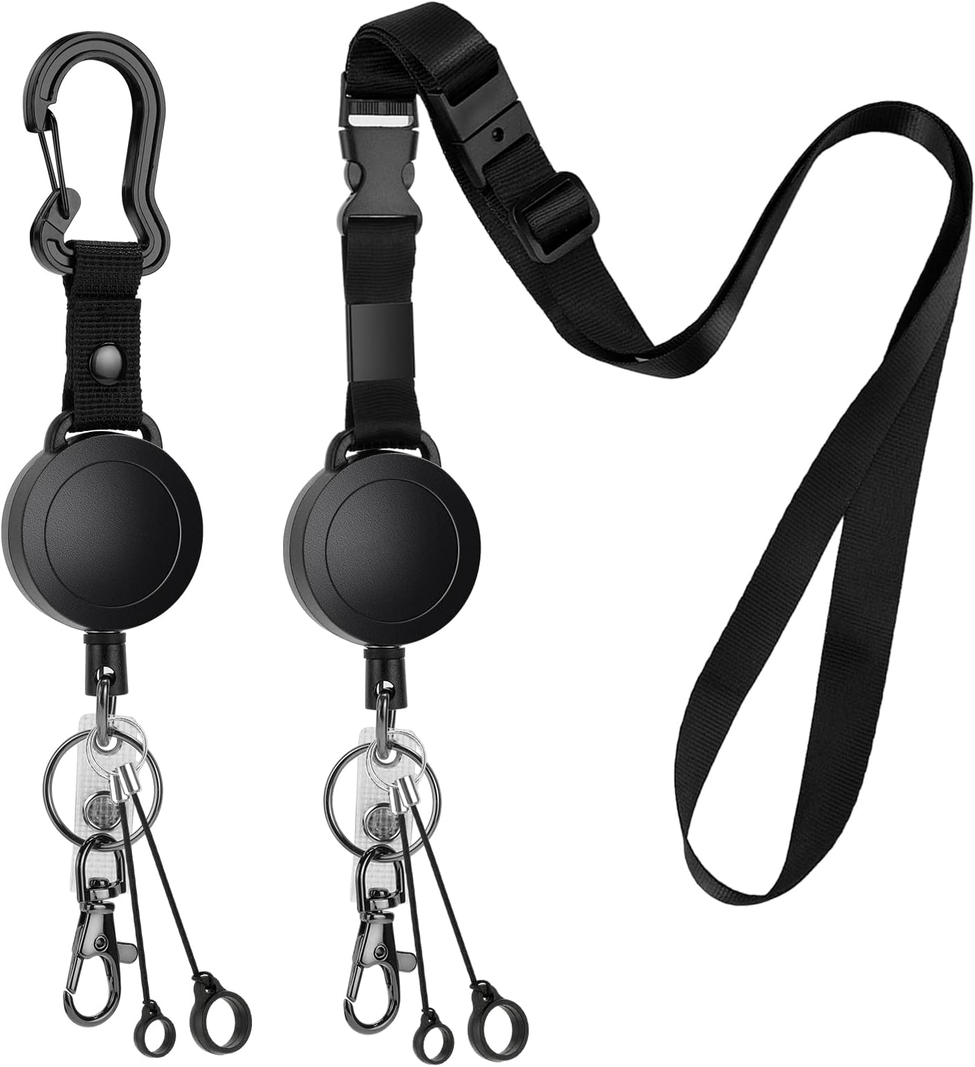 2 Pack Heavy Duty Retractable ID Badge Holder Key Reel with Adjustable Breakaway Lanyard, Carabiner, Key Ring, Pen Holders, Lobster Clip, ID Badge Strap and 32” Retractable Cord, Hold Up to 15 Keys