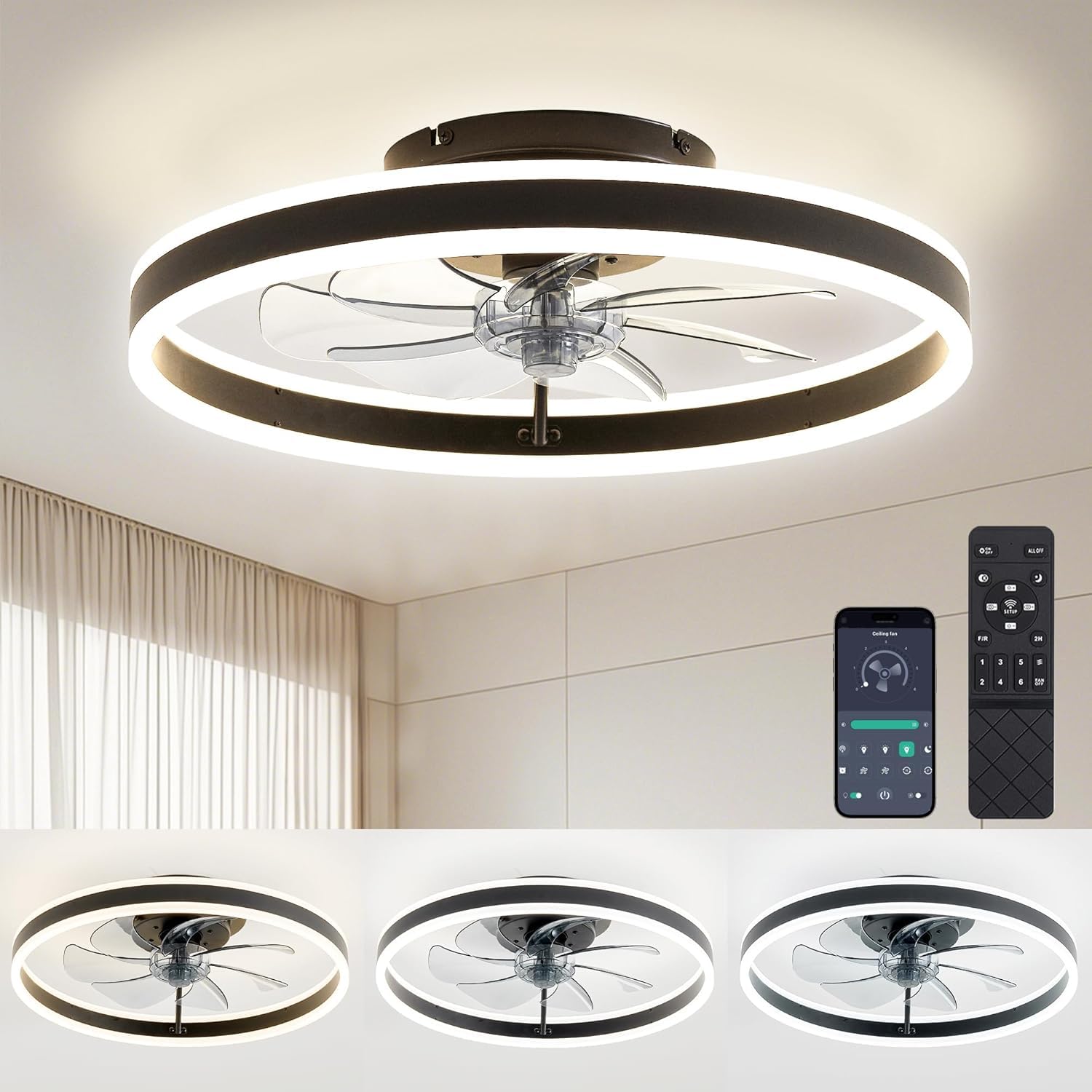Ventilateur plafond reversible silencieux avec lampe intégrée et smart APP control reversible 0-100% dimmable pour chamb