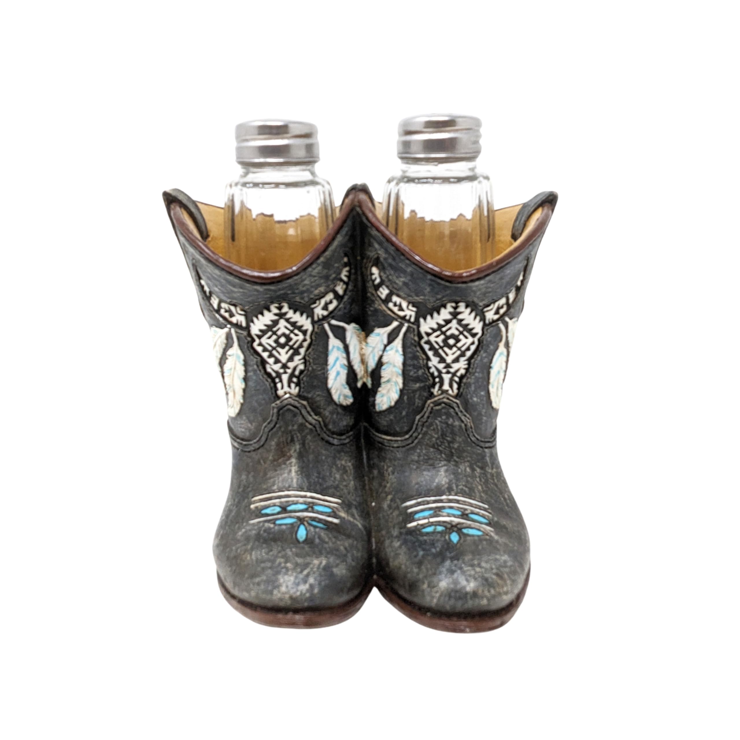 Juego de salero y pimentero de botas vaqueras, decoración rústica occidental con diseño de piel sintética, soporte decorativo de resina con agitadores de vidrio, accesorio único de cocina o mesa de
