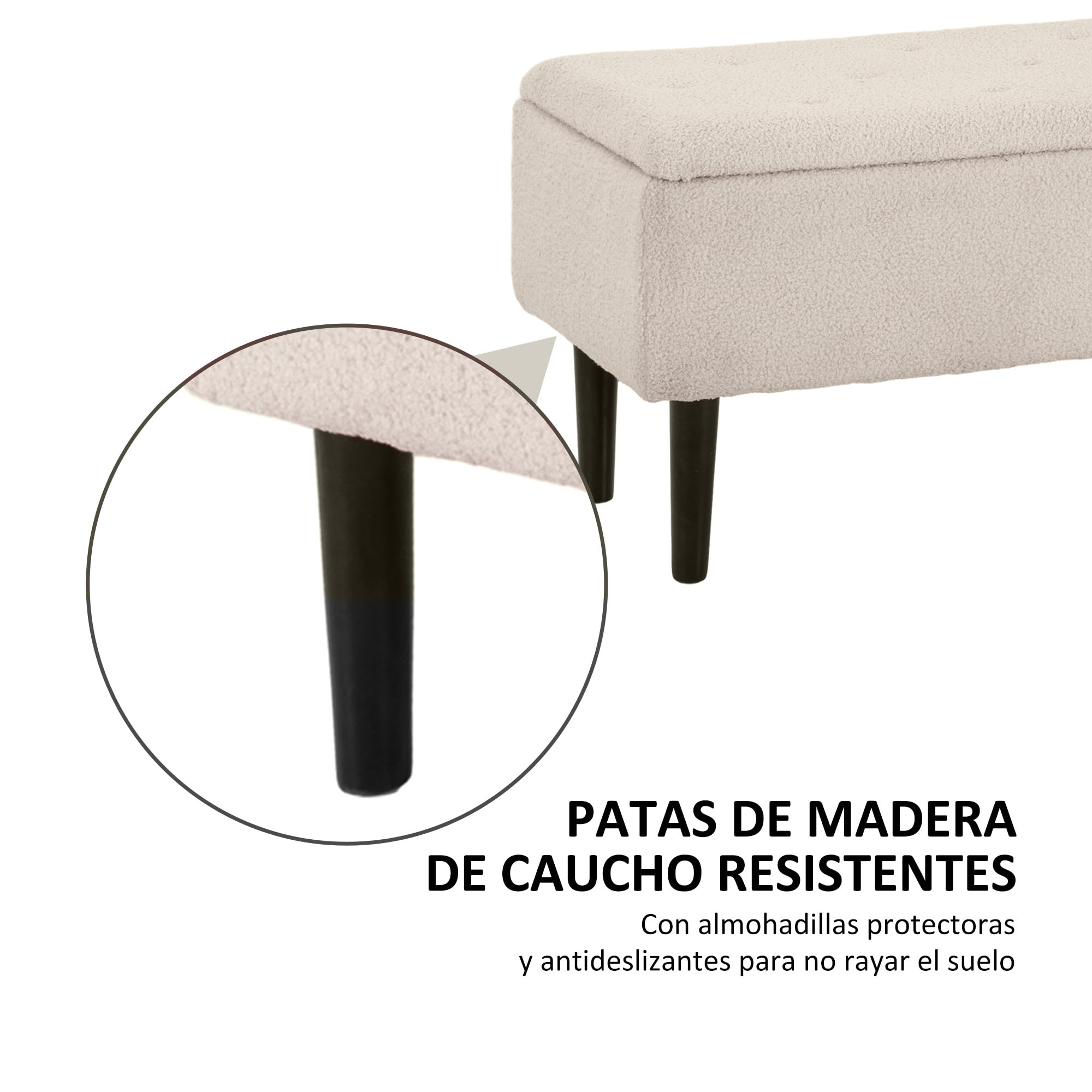 HOMCOM Puff Almacenaje, Banco Almacenaje Plegable, Capacidad de 57 L, 95x38x45 cm, Tapizado en Borreguito, Pie de Cama con Tapa Abatible y Patas de Madera, para Salón, Dormitorio, Entrada, Crema