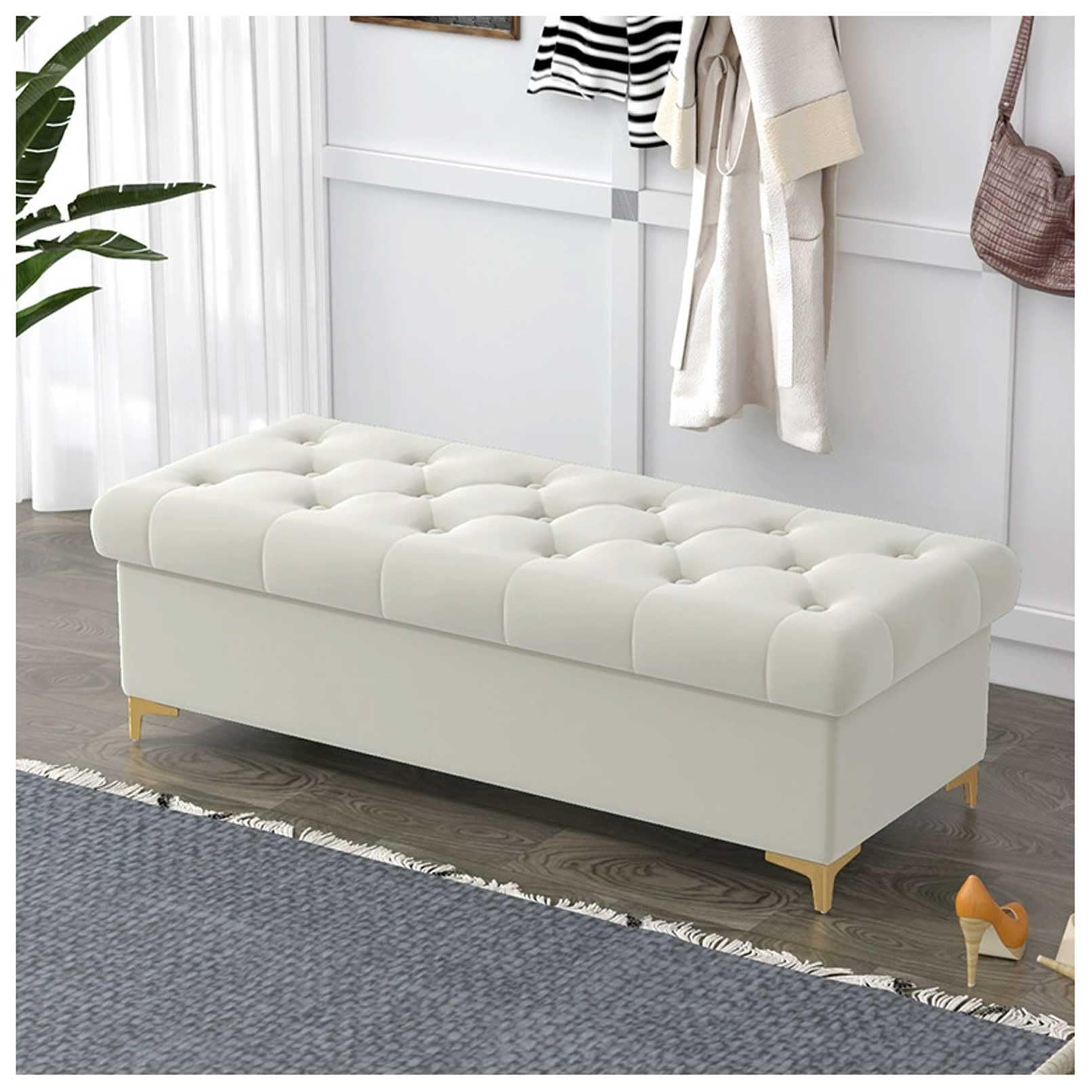 Banc de rangement velours blanc 80cm coffre de bout de lit et assise boutique
