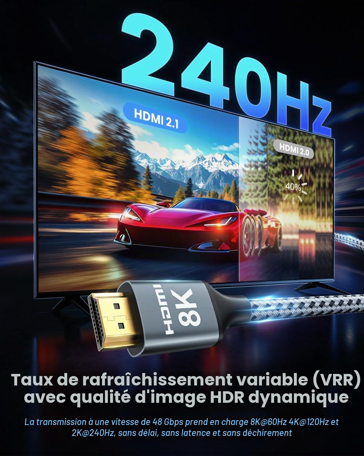 ARISKEEN Câble HDMI 2.1 8K 10M, 48Gbps Câble HDMI Tressé en Nylon Haute Vitesse, Prend en Charge 8K@60HZ, 4K@120Hz, Compatible avec PS5/4 TV Switch Monitor Blu-ray Soundbar