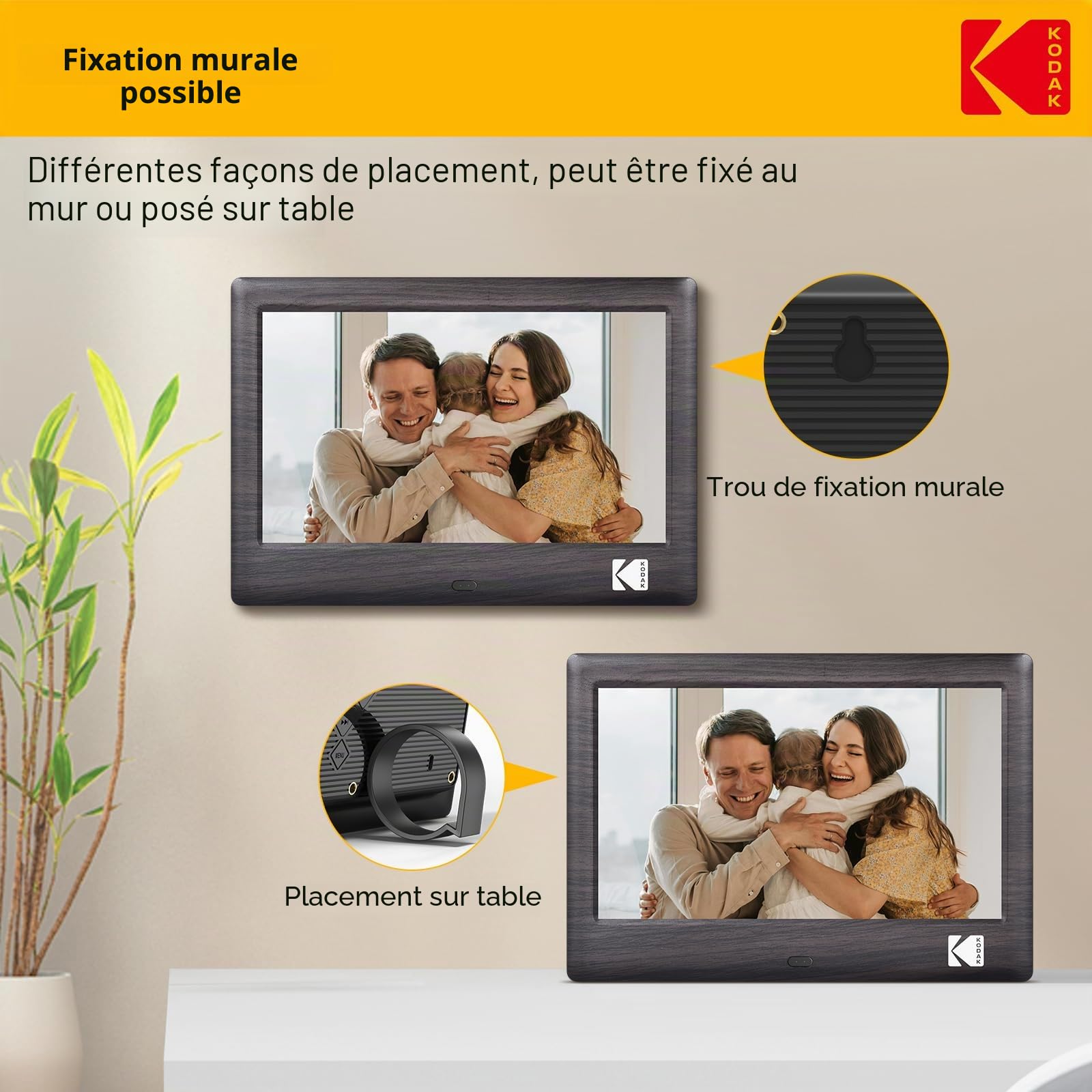 Kodak Cadre Photo numérique de 7 Pouces - Écran IPS - Lecteur Photo/Musique/vidéo/Calendrier/Alarme, Prise en Charge USB ou Carte SD, Rotation Automatique, avec télécommande