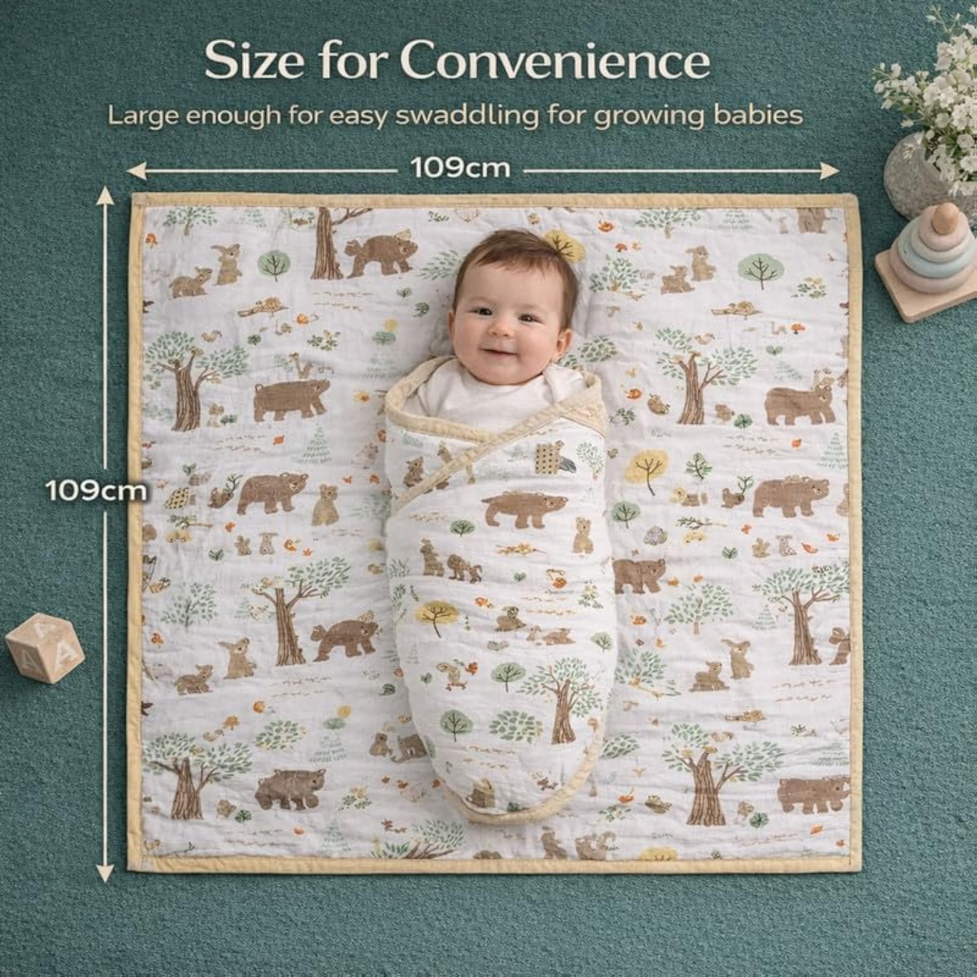 Muslin Baby Blanket, 4 Layer 100% Cotton Swaddle