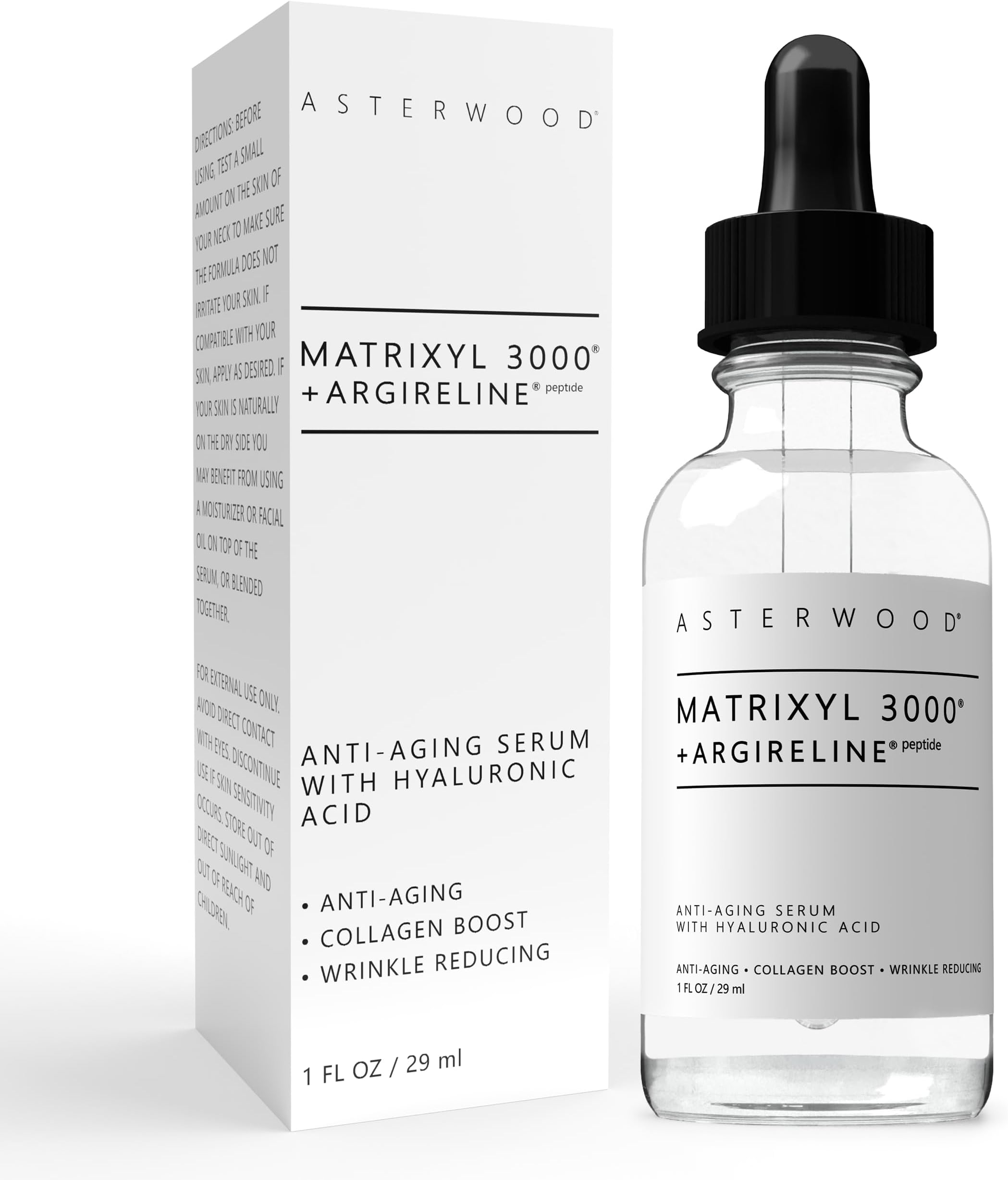 Asterwood Matrixyl 3000 + Argireline Serum for Face - Multi Peptide Serum with Hyaluronic Acid - Anti-Aging, Wrinkle Reducing, Collagen Boosting - Fragrance-Free - 1 Fl Oz