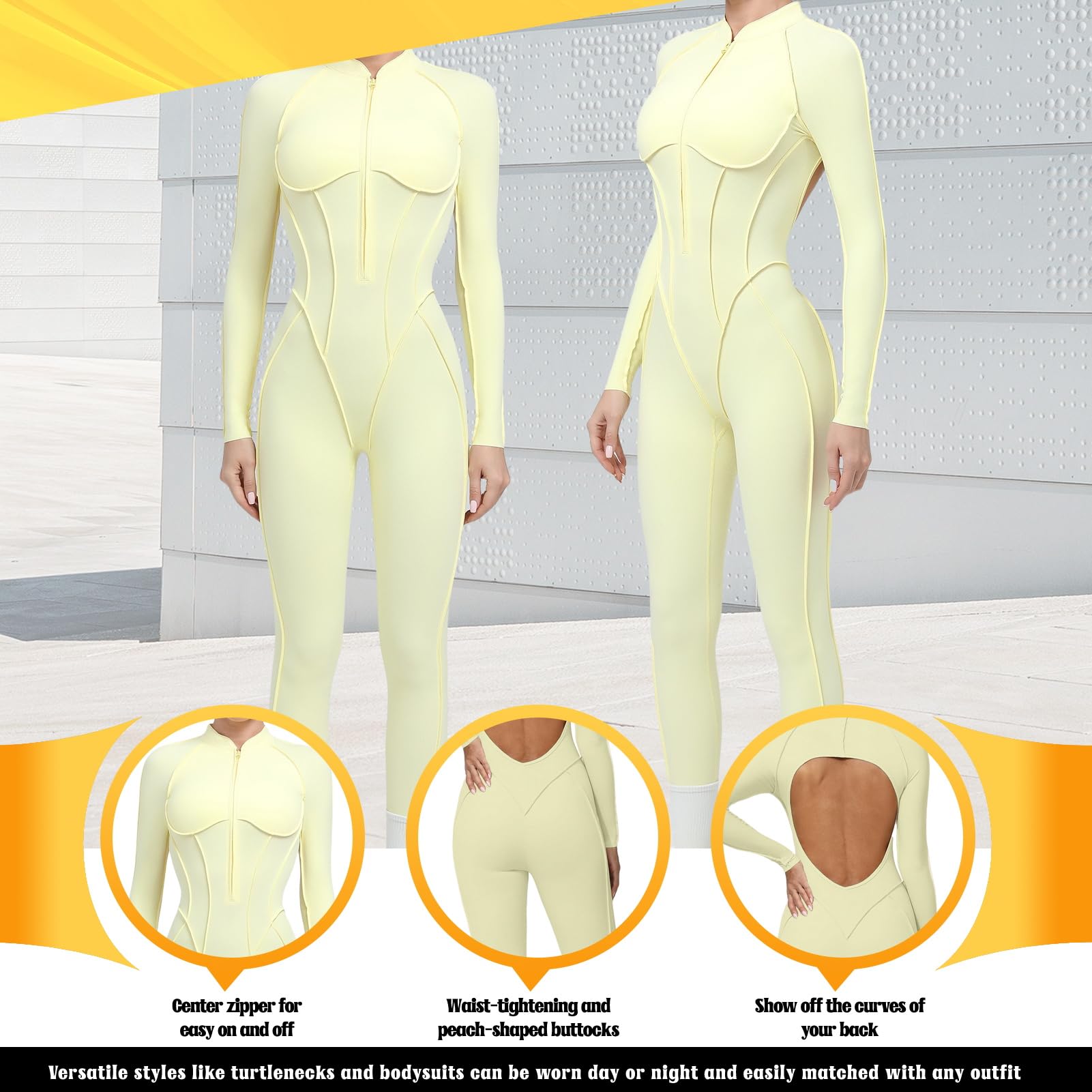 Damski kombinezon do jogi z zamkiem błyskawicznym, z długim rękawem, rozciągliwe body obcisłe, bodysuit, kontrola brzucha siłownia, odzież sportowa do fitnessu miękka w dotyku