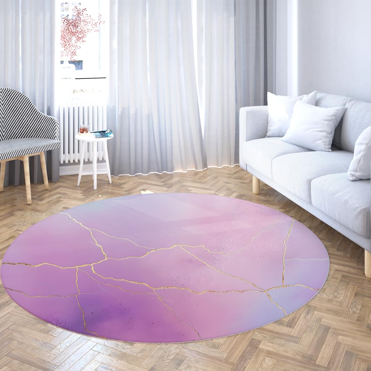 Gold Cracks rutschfeste Rundteppiche 100cm Lila Rosa-Gold Marmor weicher waschbarer niedriger Runder Teppich für Wohnzimmer Schlafzimmer Haustür