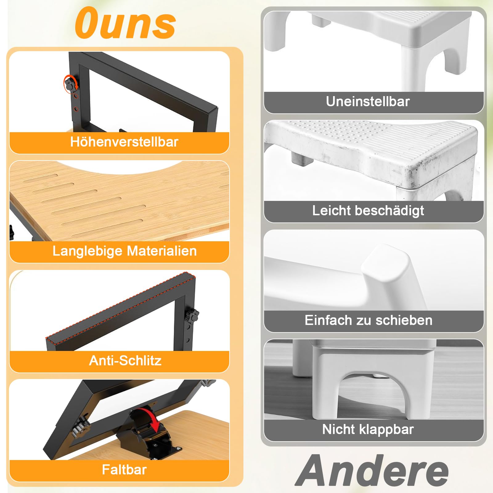 Klappbarer Toilettenhocker aus Holz, Klohocker Hö henverstellbar, Tragbarer WC Toiletten Hocker mit Rutschfester Matte, Kackhocker für Kinder, Erwachsene, Hilfe beim Stuhlgang