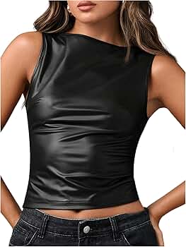 トップス tank top & leather skirt HGKPFGTF Women's Sexy PU Leather Tank Tops Asymmetrical Hem
