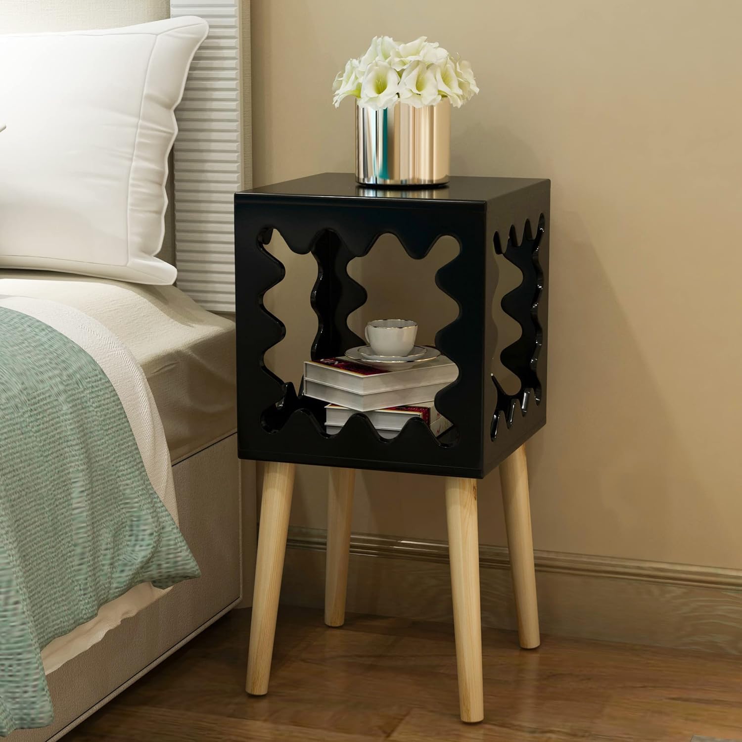 Square Bookcase Nightstand Side End Table Bedroom: Night Stand Bed Side Coffee Table Living Room Bedside Small Spaces Magazine Stand with Storage Living & Bed Room Decor (Black)-image-36