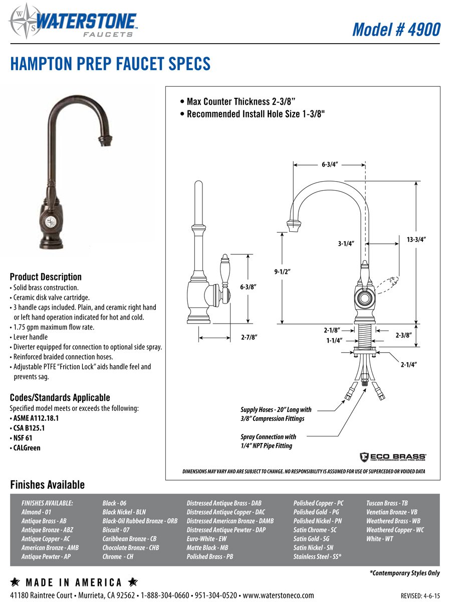 Waterstone 4900-3-AP Hampton Prep Faucet 3pc Suite Antique Pewter — view 2