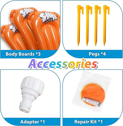 Miniatura 5 de Tobogán acuático deslizante de 17 pies con 3 tablas de bodyboards inflables, 3 carriles deslizantes para niños, aspersor de patio trasero, patrón de