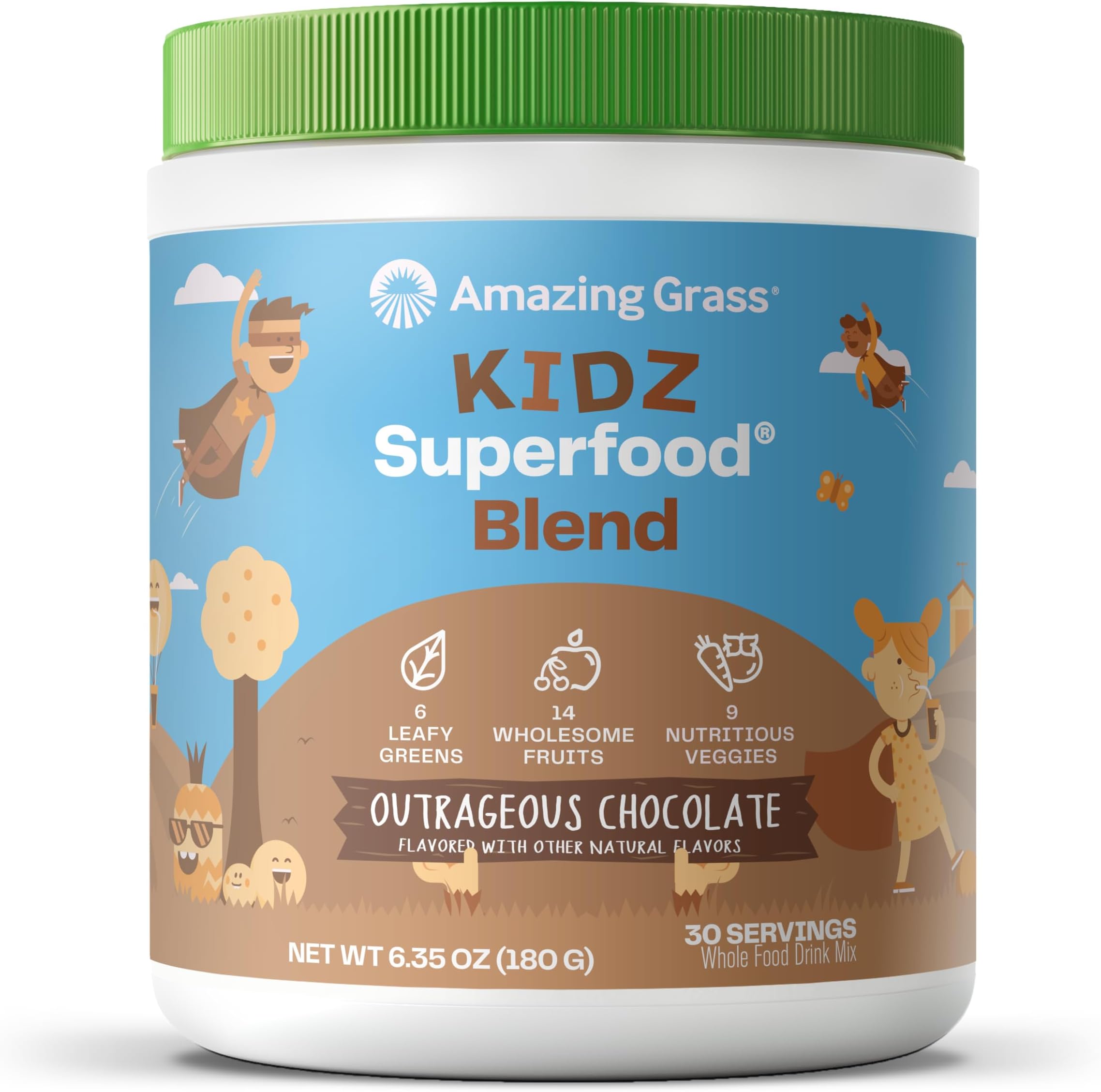 Amazing Grass Kidz Superfood: Organic Greens, Fruits, Veggies, Beet Root Powder & Probiotics for Healthy Kids, Outrageous Chocolate, 30 Servings, 6.35 Ounce (Pack of 1)
