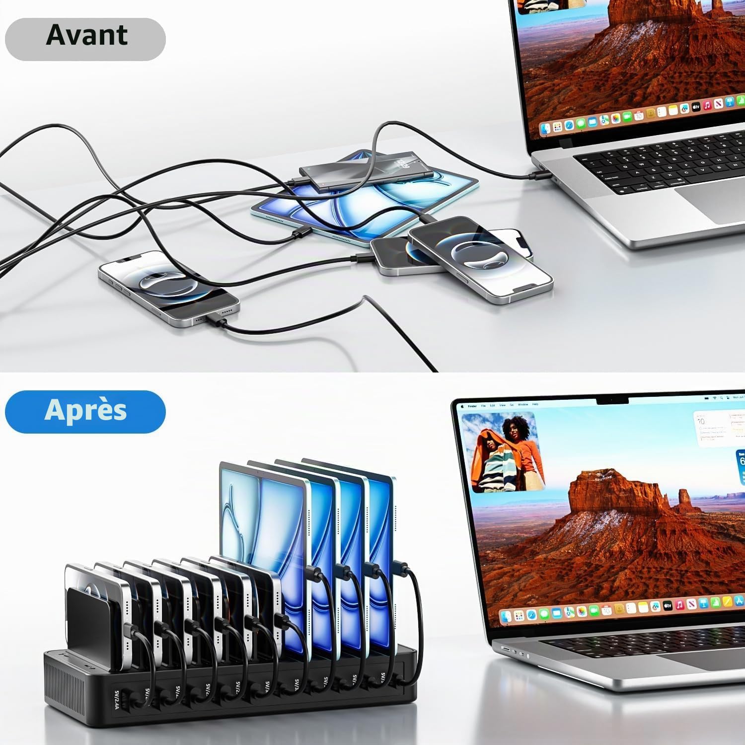 Station de Charge USB-C 100 W avec 10 Ports et 10 câbles de Charge, Chargeur Multiple avec séparateur Amovible réglable, Compatible avec iPhone/Samsung/Google/tablettes/appareils USB